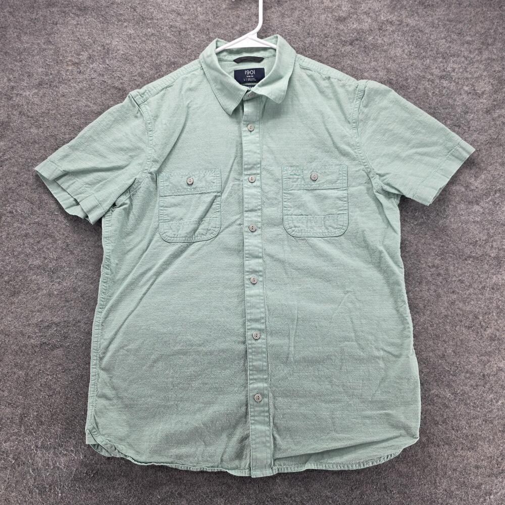 1901 Shirt Mens Large Green Trim Fit Short Sleeve Button Front Fairview Wash